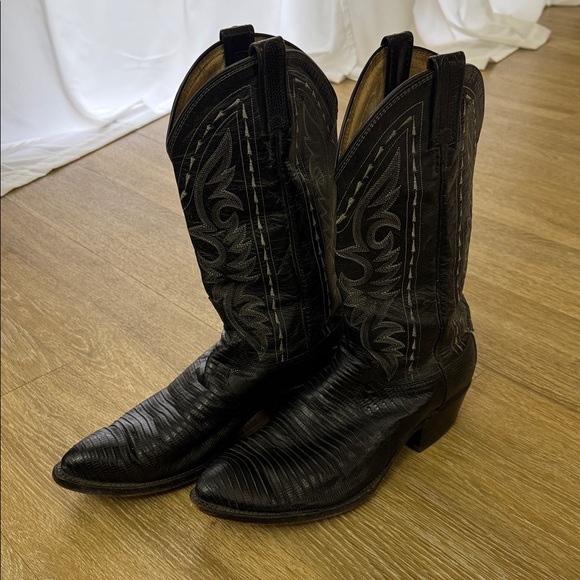 Dan Post Vintage 90s Teju Black Exotic Embossed Lizard Skin Leather Cowboy Boots - Picture 2 of 12
